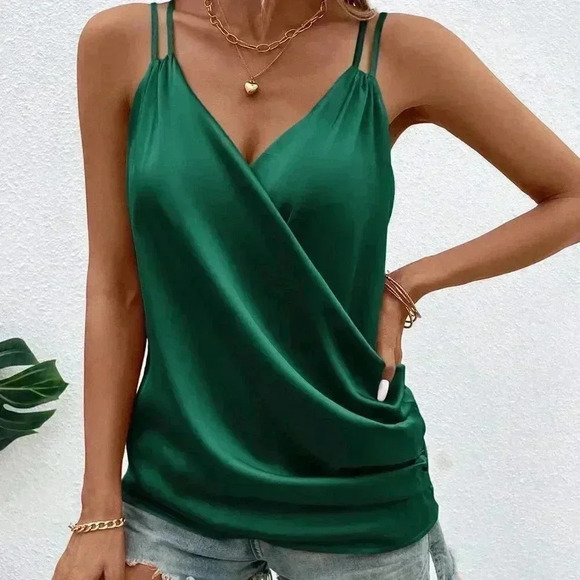 Green Preppy Womens Solid Cross Wrap Cami Top - Picture 5 of 5